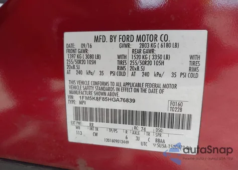 2017 Ford Explorer Limited z USA, uszkodzony, nr VIN 1FM5K8F85HGA76839